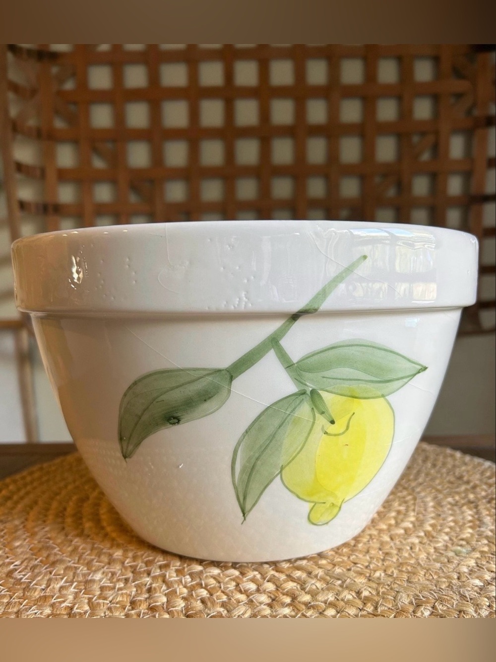 Italian White Ceramic Bowl with Lemon and Green Leaf Motif